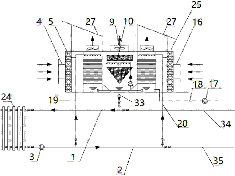 Photovoltaic power generation-combined water side evaporative cooling temperature reducing system for radiation terminal