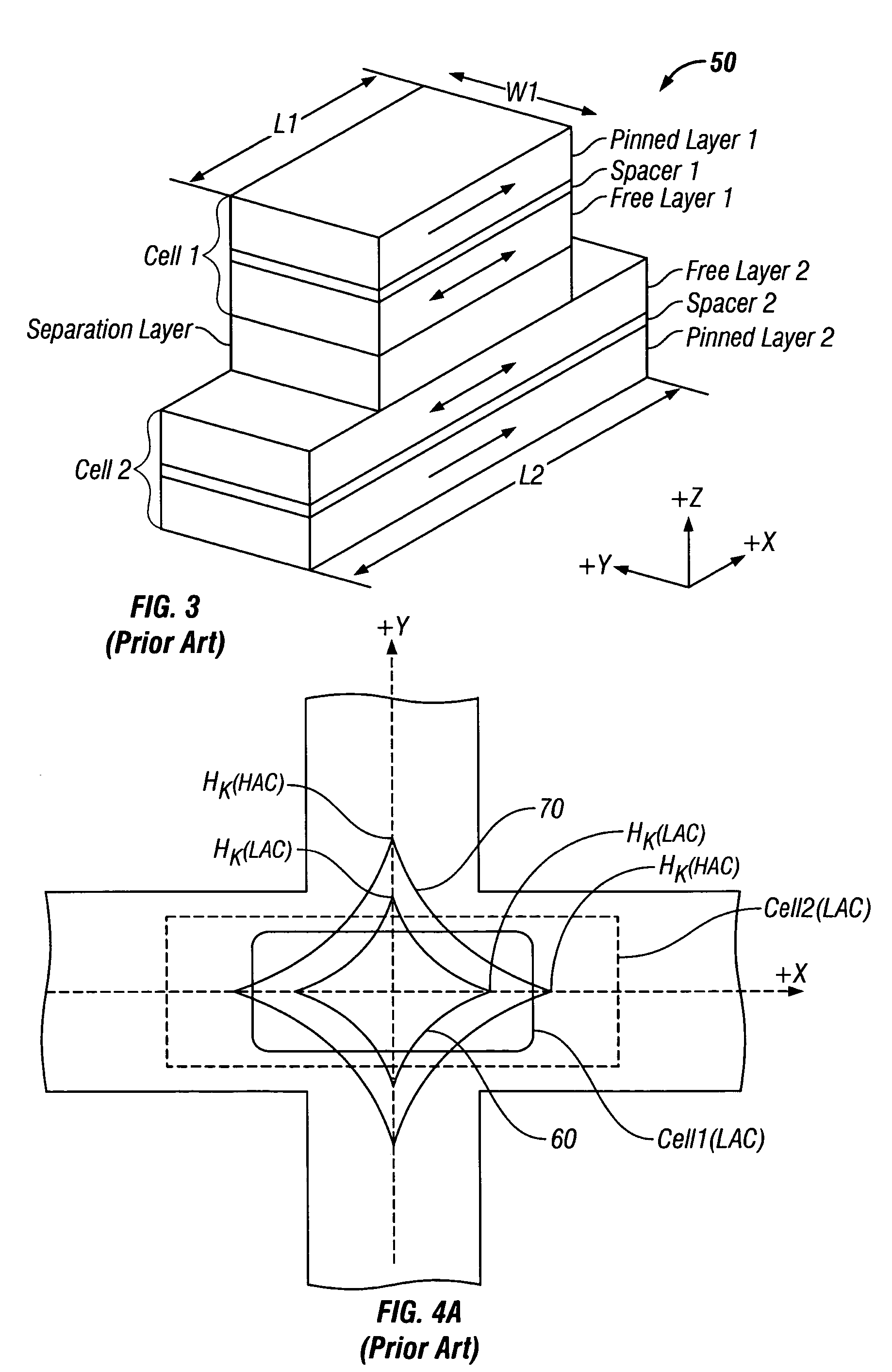 Magnetic random access memory with stacked memory cells having oppositely-directed hard-axis biasing