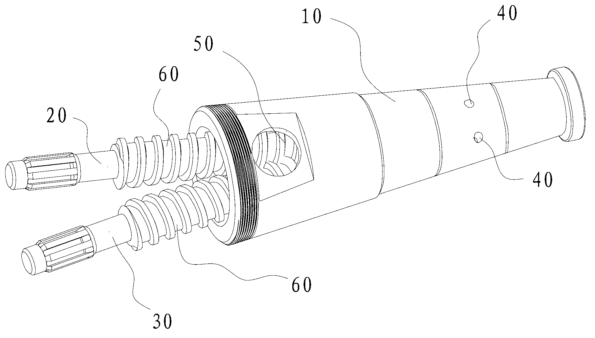 Material extrusion structure and material extrusion method of double-crew extruder