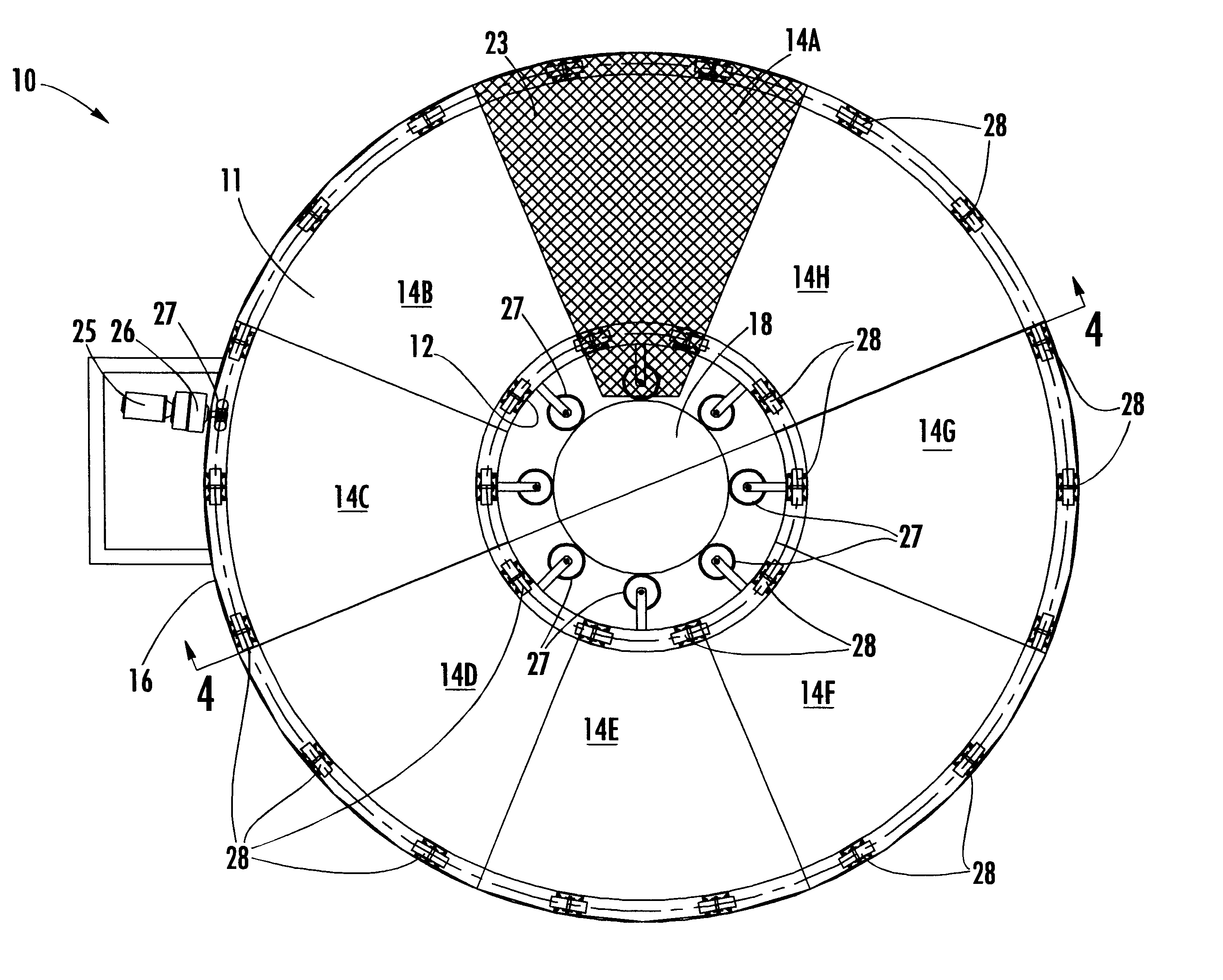 Aircraft storage turntable, hangar assembly and method