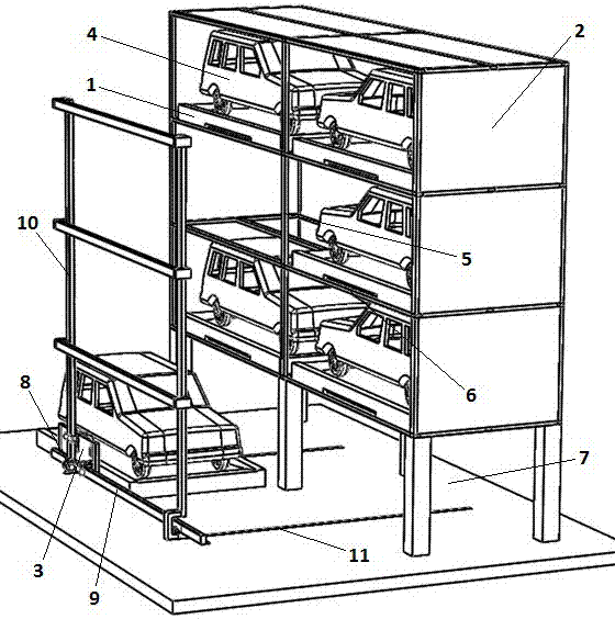 Overground stereo garage built through layer frame tray parking places