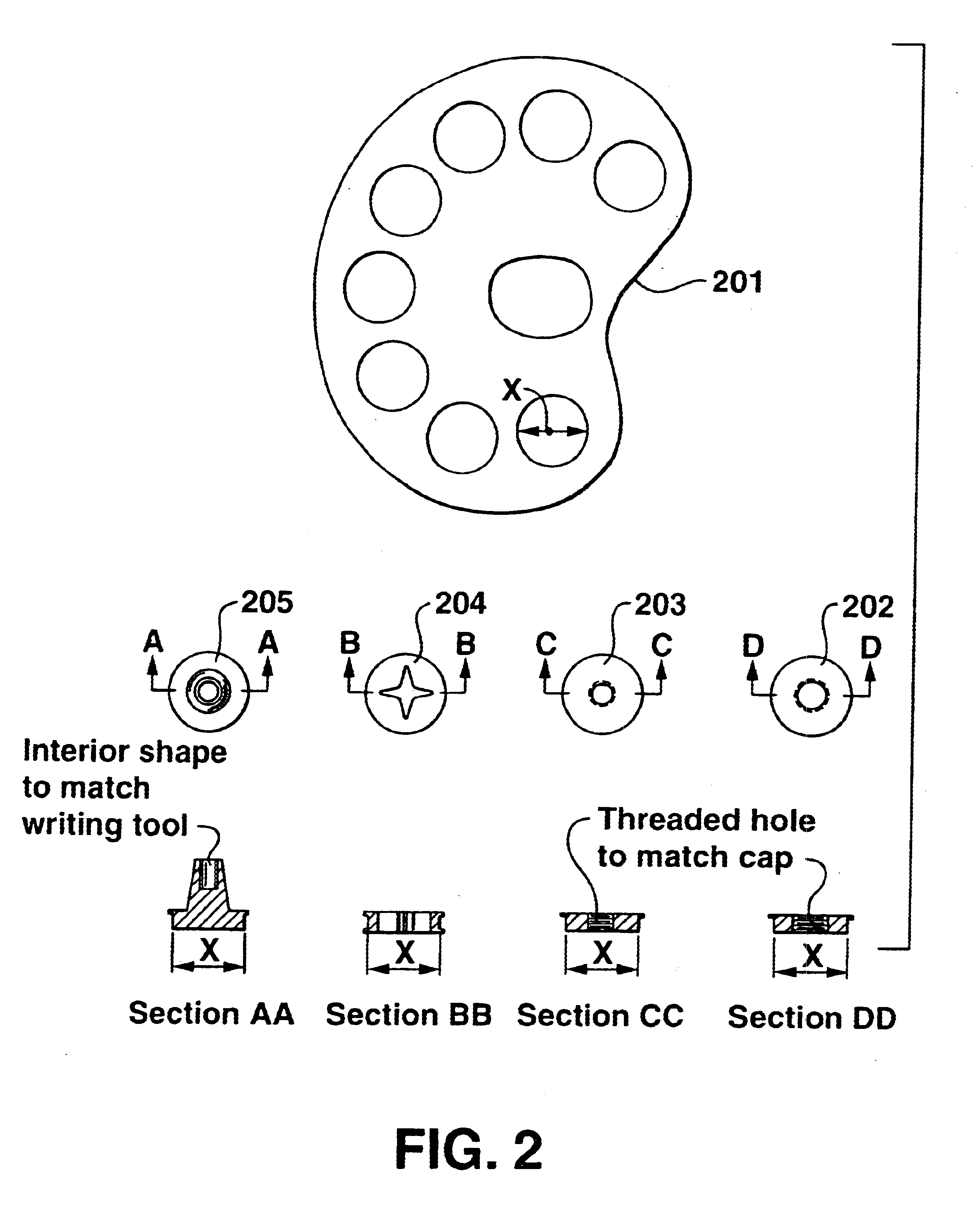 Capped writing tool palette