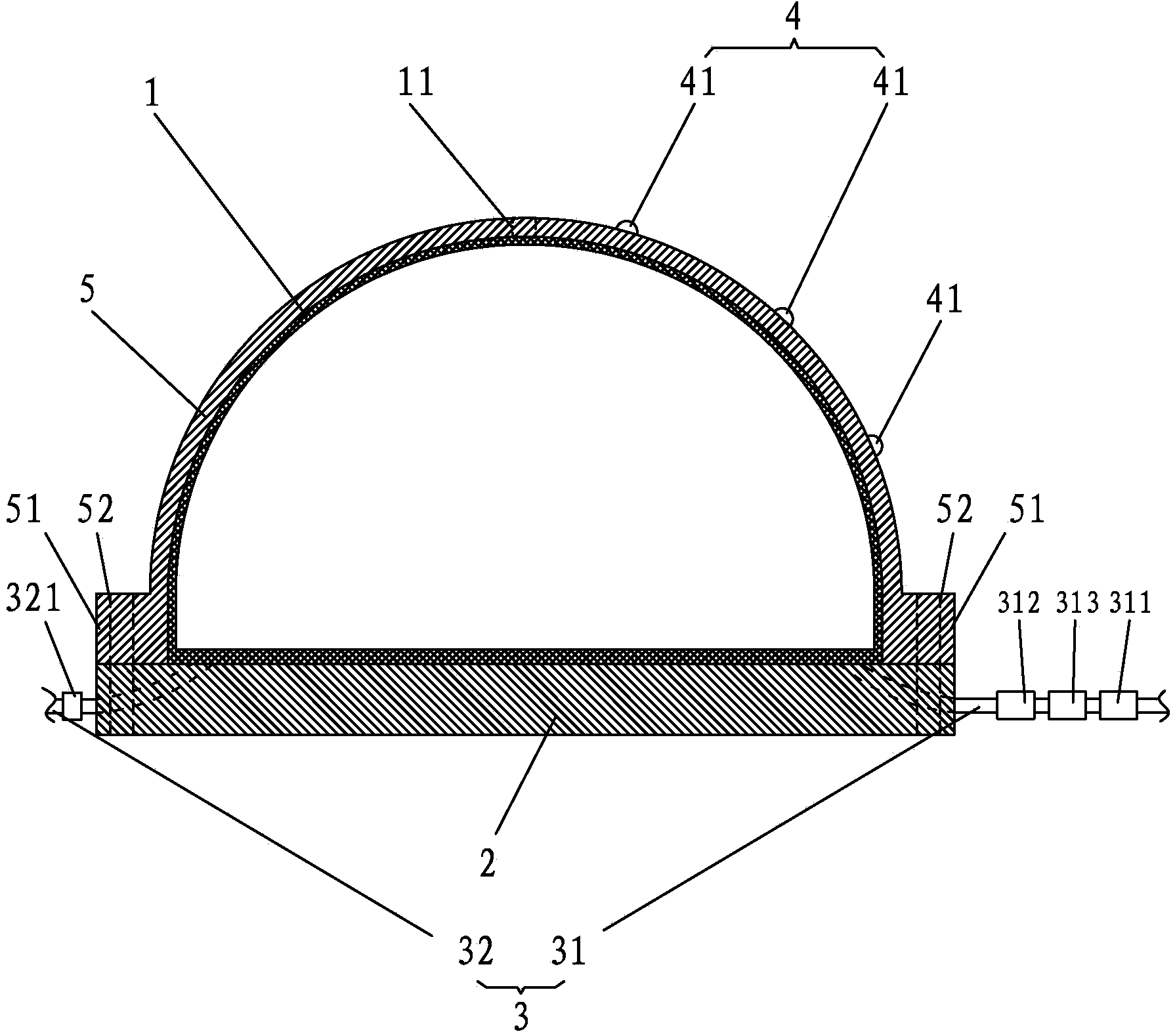 Novel inner pressure limit test device and method for concrete hemispherical shell