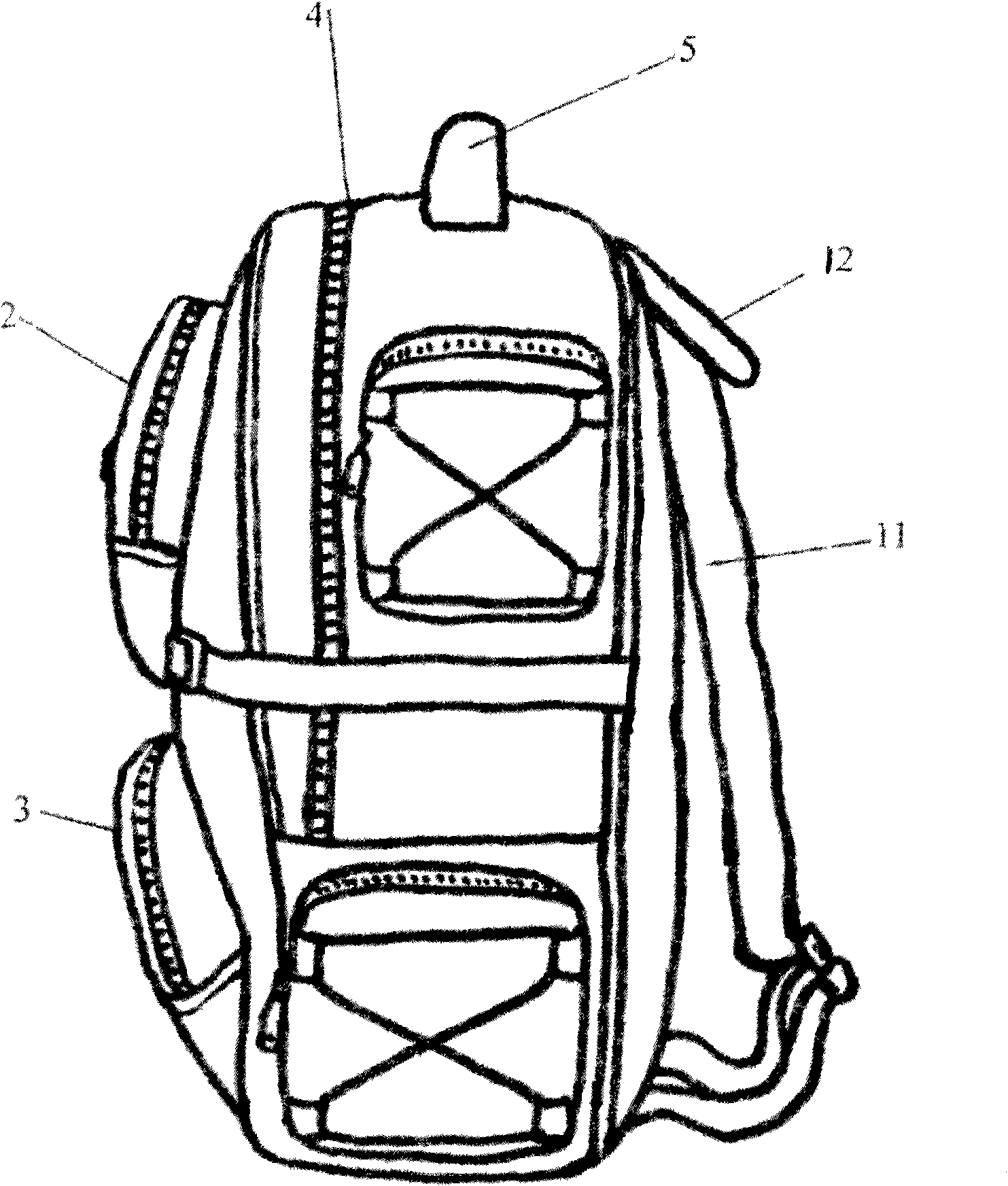 Backpack with reticulate pattern strips and six pockets