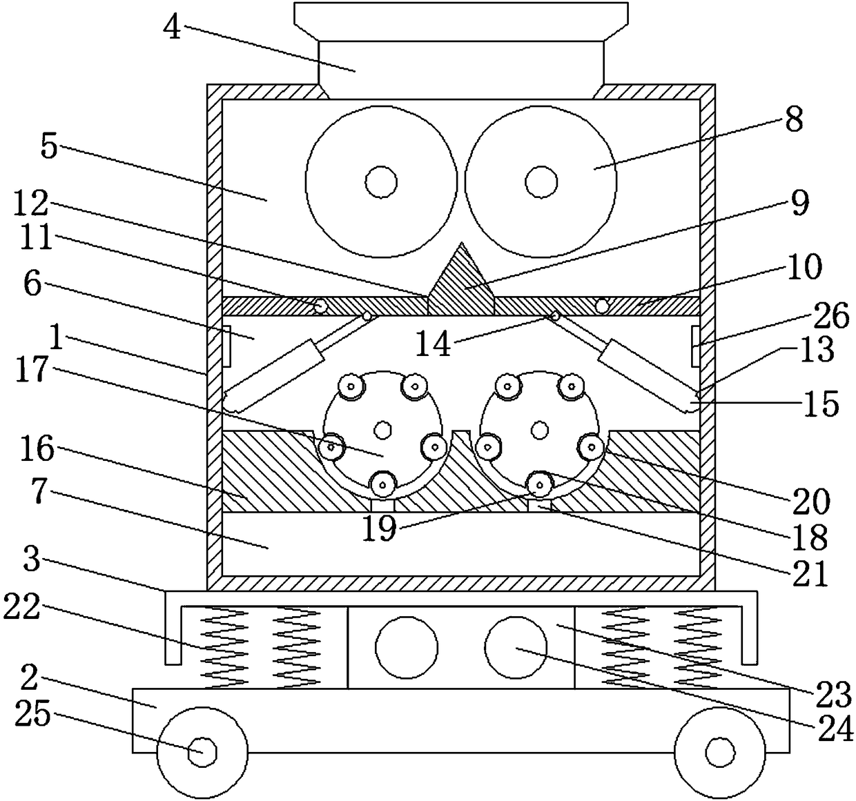 Building waste smashing device with smashing rollers with extrusion rollers