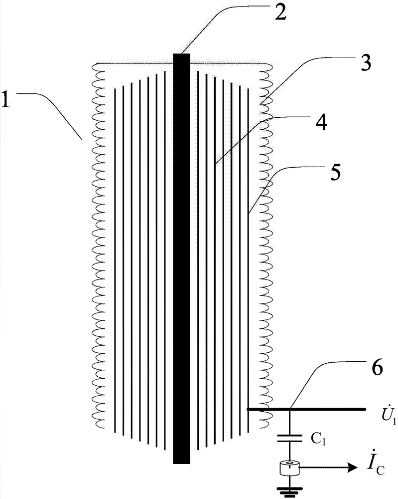 Detection system for capacitive bushing provided with measurement terminal and end-screen ground terminal