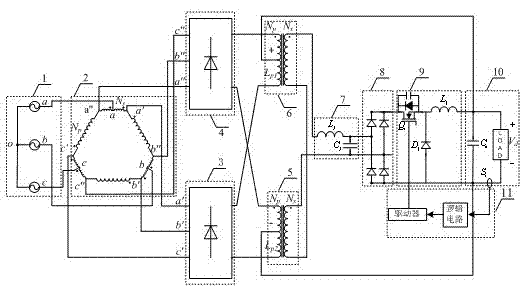 12 pulse rectifier based on harmonic injection of DCM converter and control method thereof