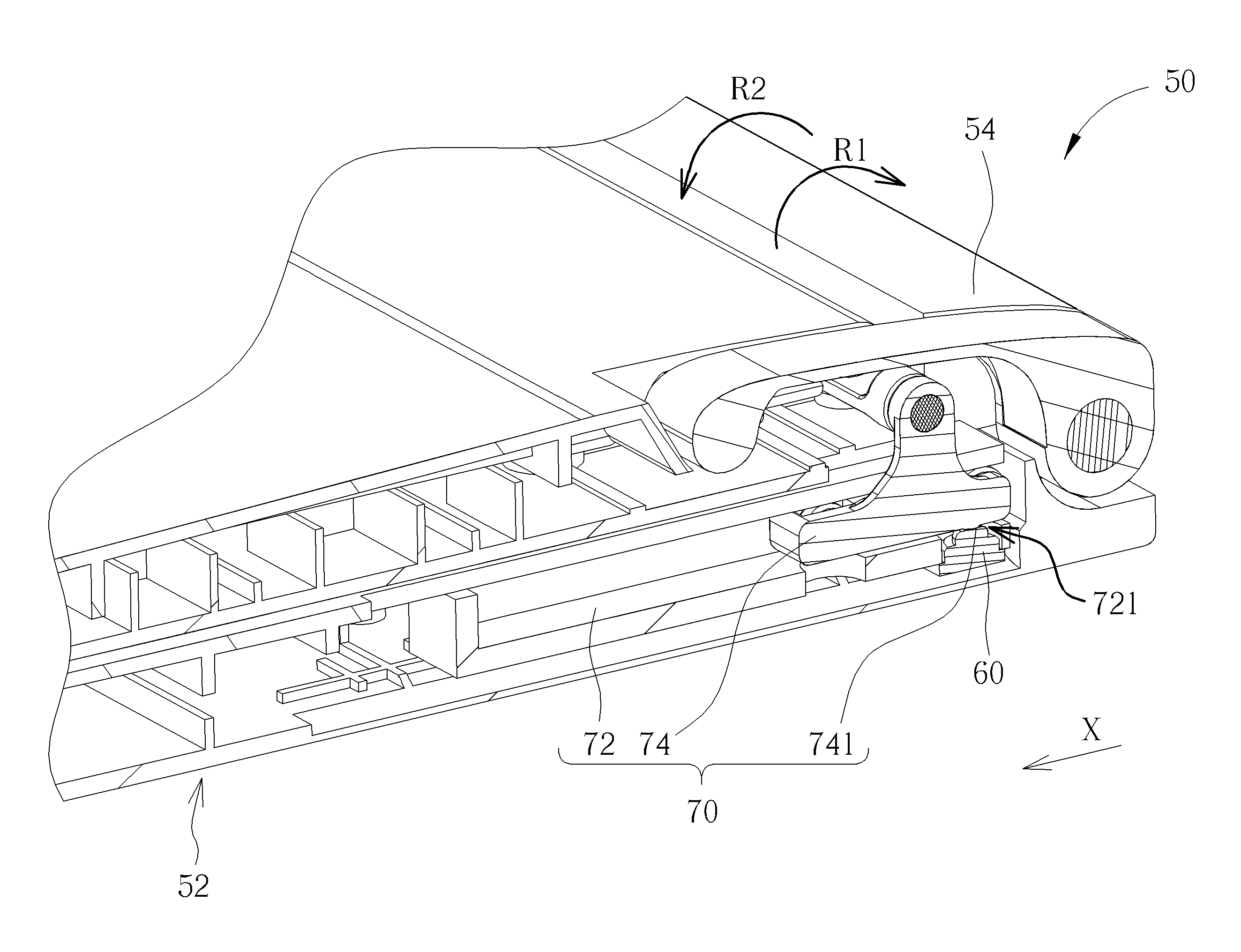 Switch mechanism for activating a switch while a display module pivots relative to a host module and portable electronic device therewith