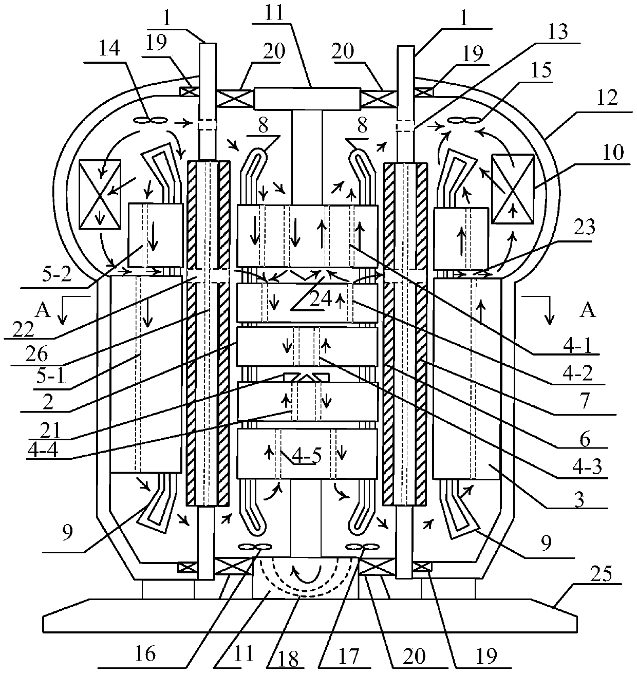 Double-stator and barrel-type permanent magnet rotor accelerator with closed cycle multi-channel counterflow cooling