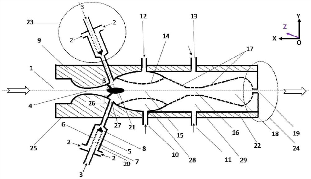 Bubble breaking and target type impact combined reinforced throat pipe type nozzle