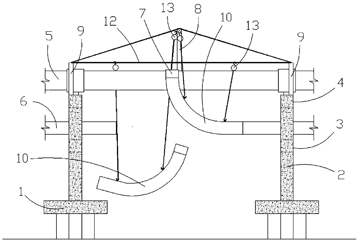 Installation structure and construction method of pipeline rotary compensator on large area of ​​water