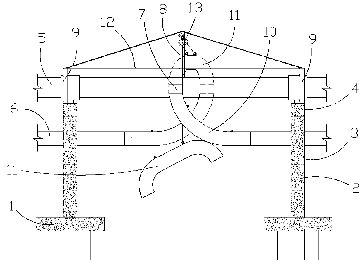 Installation structure and construction method of pipeline rotary compensator on large area of ​​water