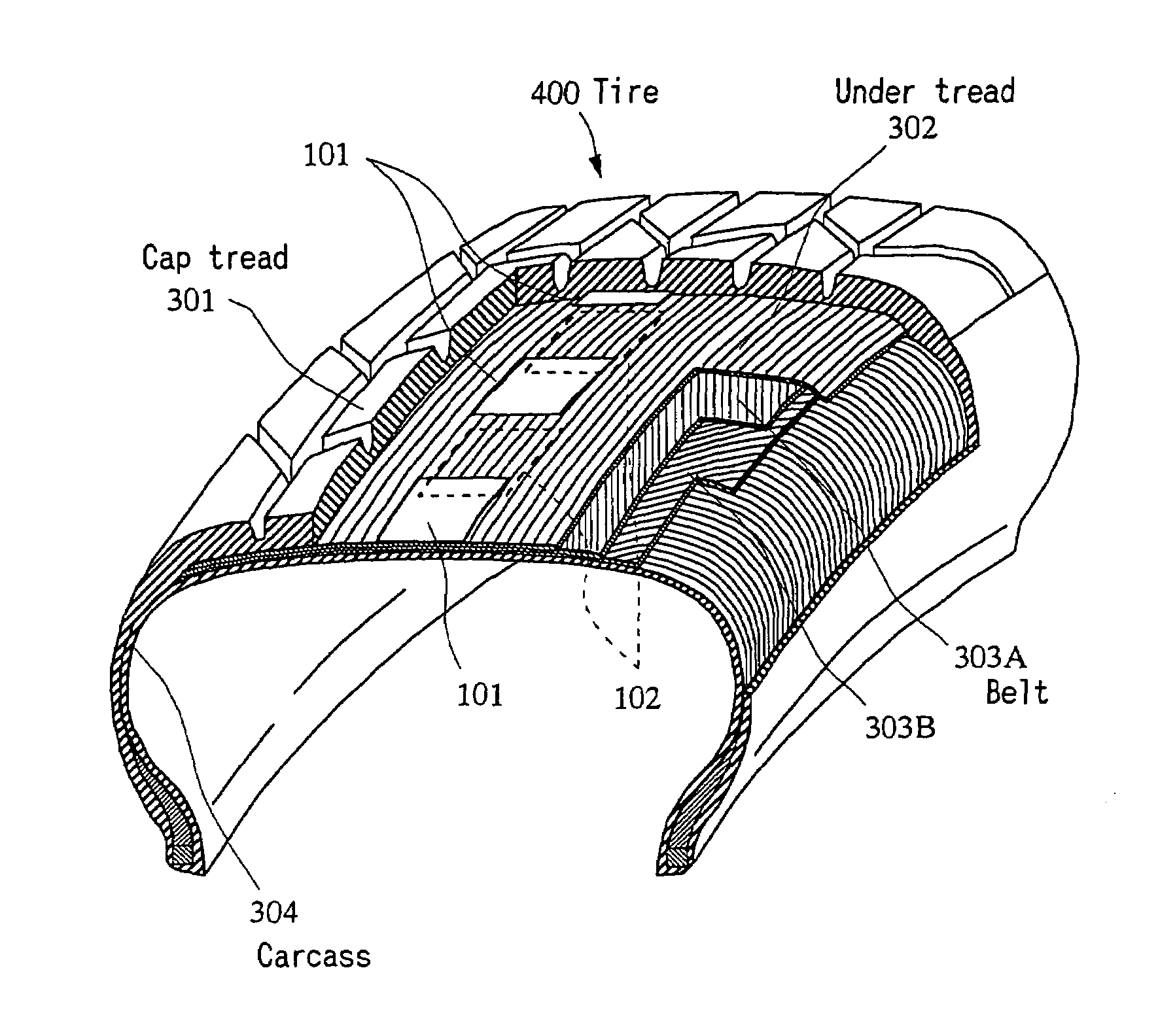 Method for detecting strain state of tire, device for detecting strain state, and the tire