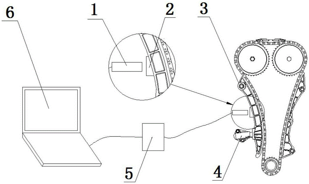 Engine chain system tightener plunger displacement measurement device and measurement method