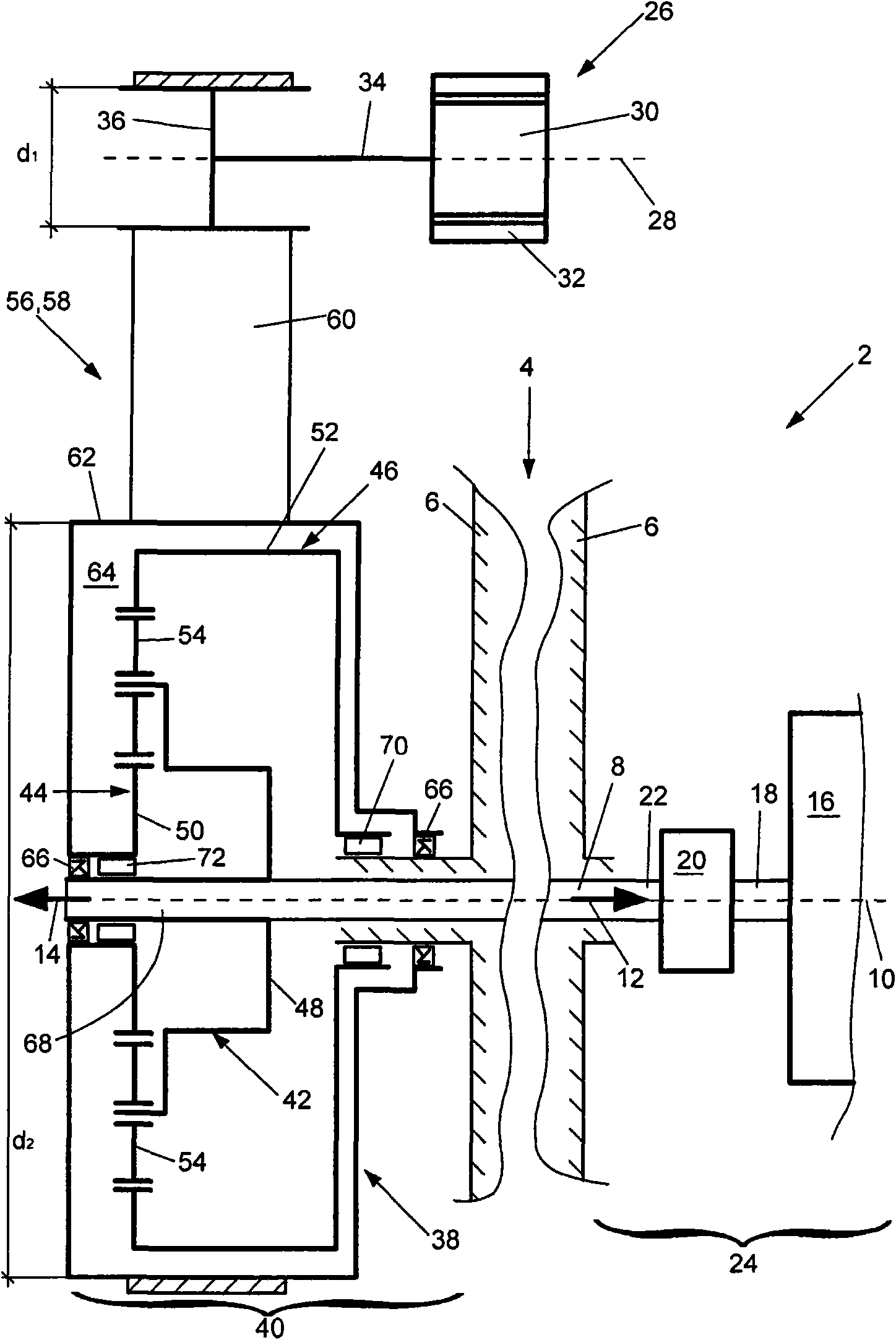 Drivetrain with engine, transmission, planetary gear set and electric machine