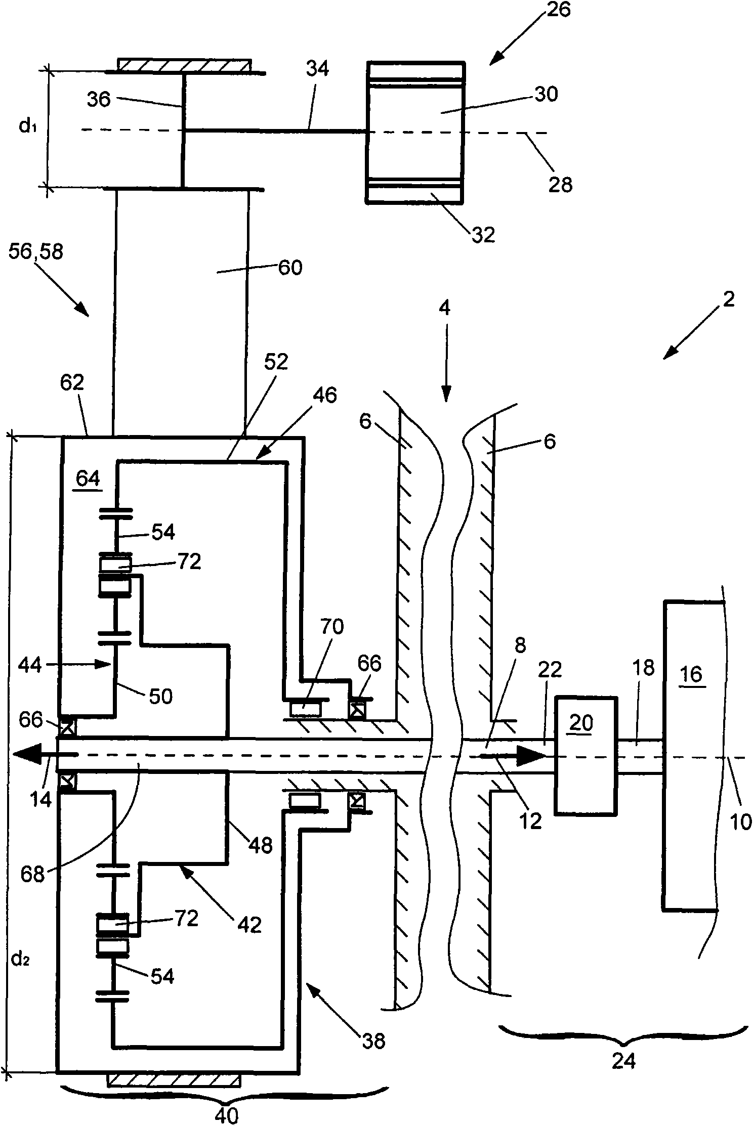 Drivetrain with engine, transmission, planetary gear set and electric machine