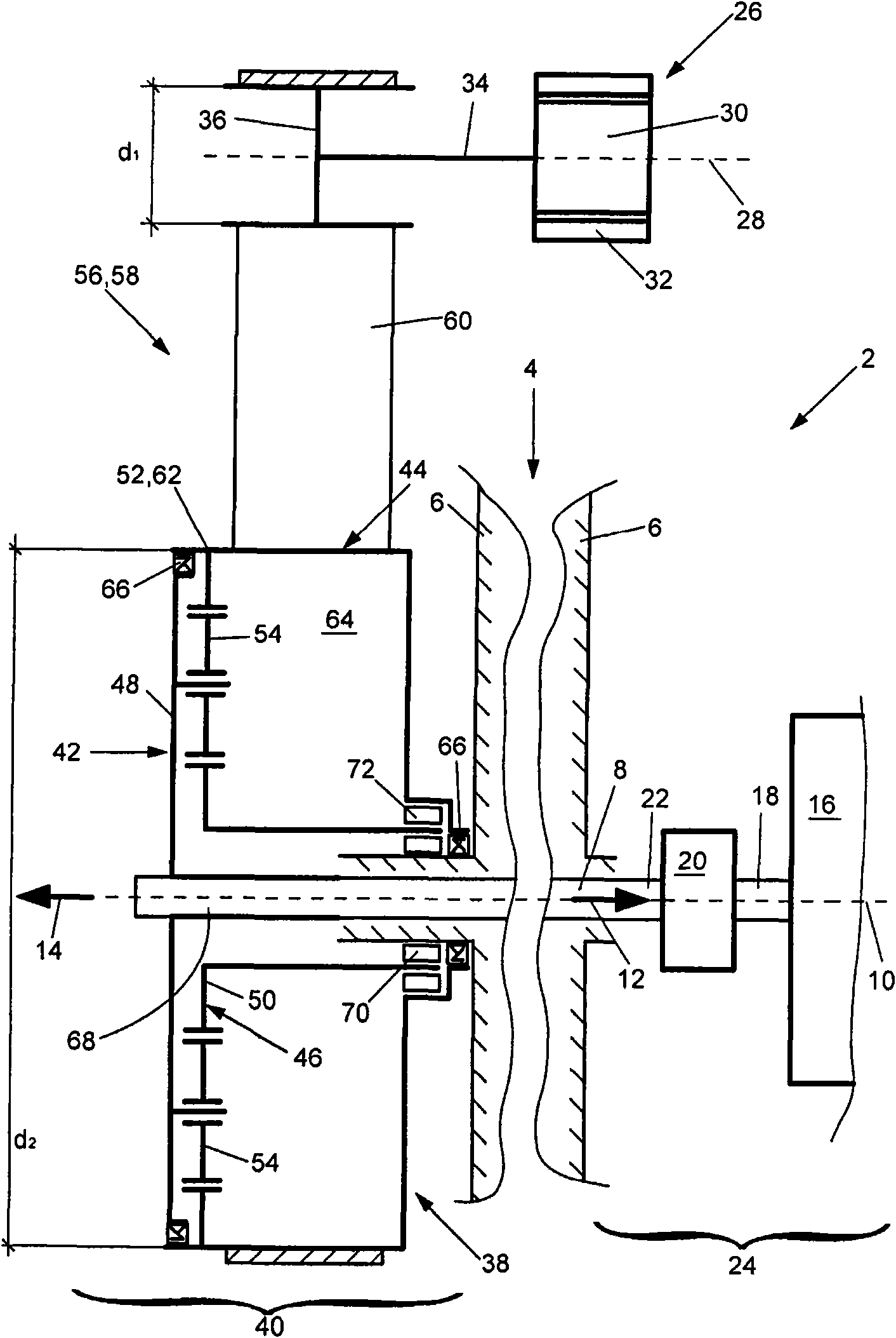 Drivetrain with engine, transmission, planetary gear set and electric machine