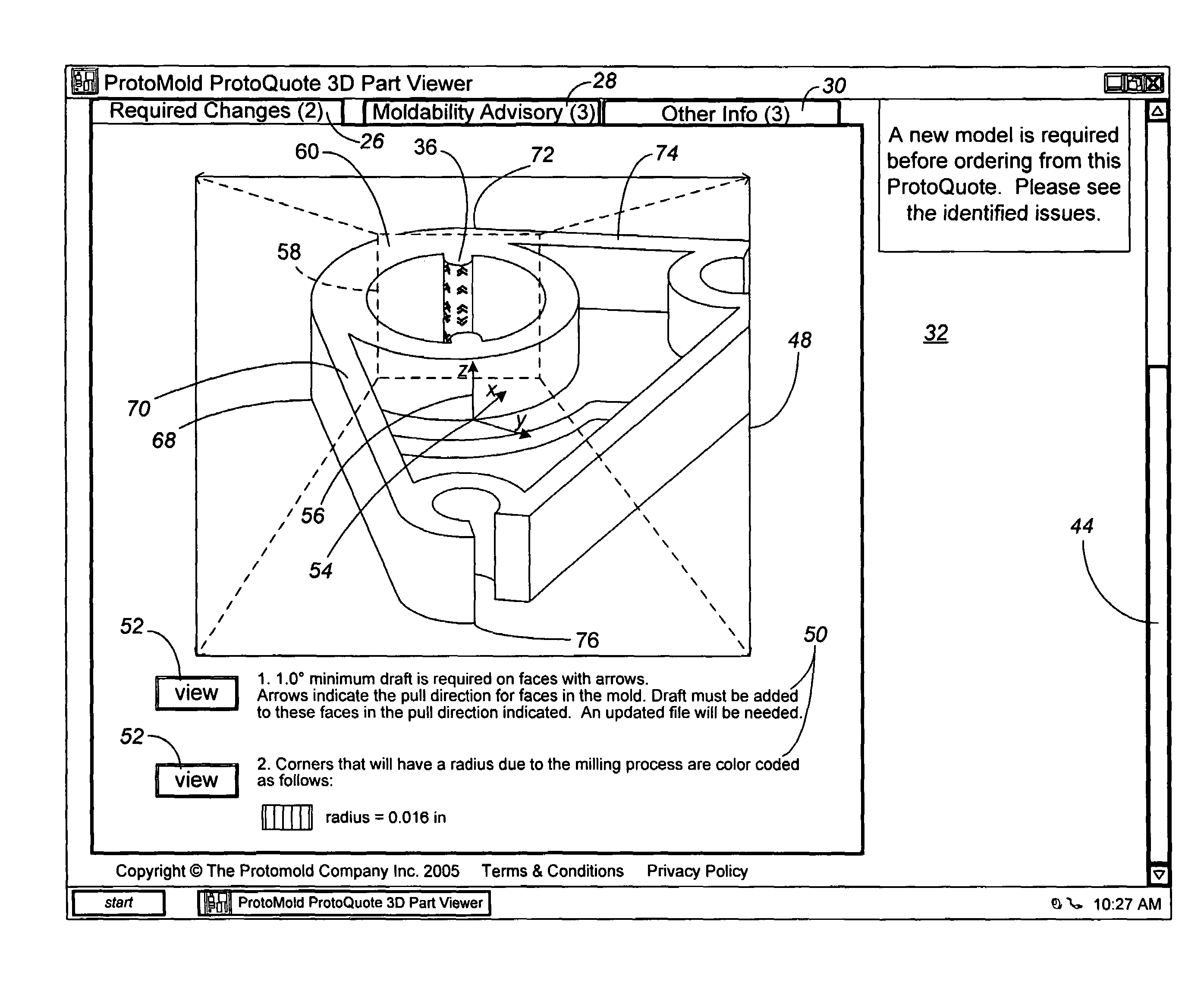 Manipulatable model for communicating manufacturing issues of a custom part