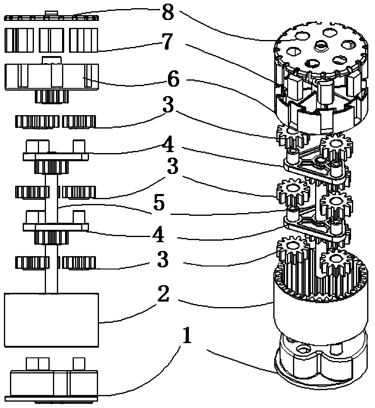 Planetary reducing mechanism for four-way switching valve