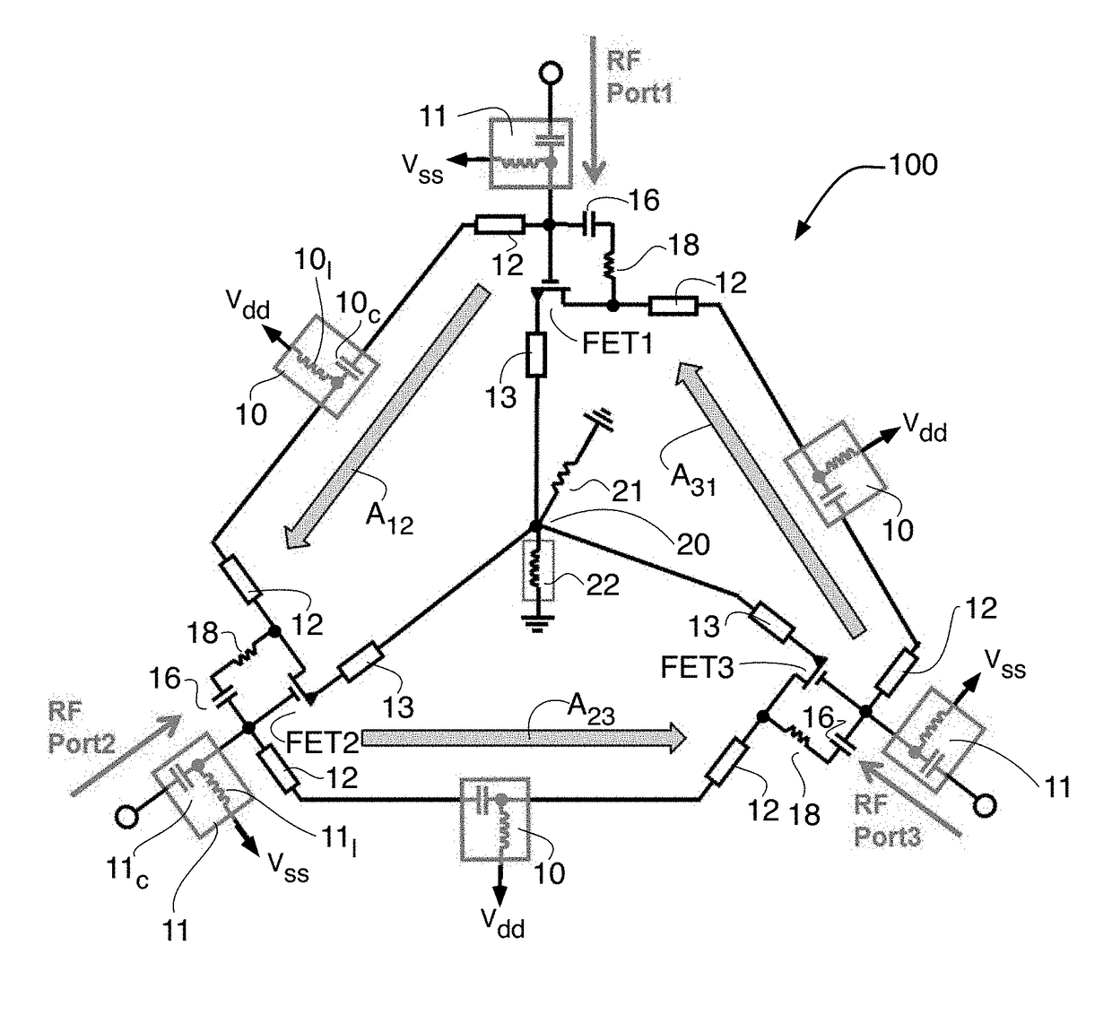 Effective biasing active circulator with RF choke concept