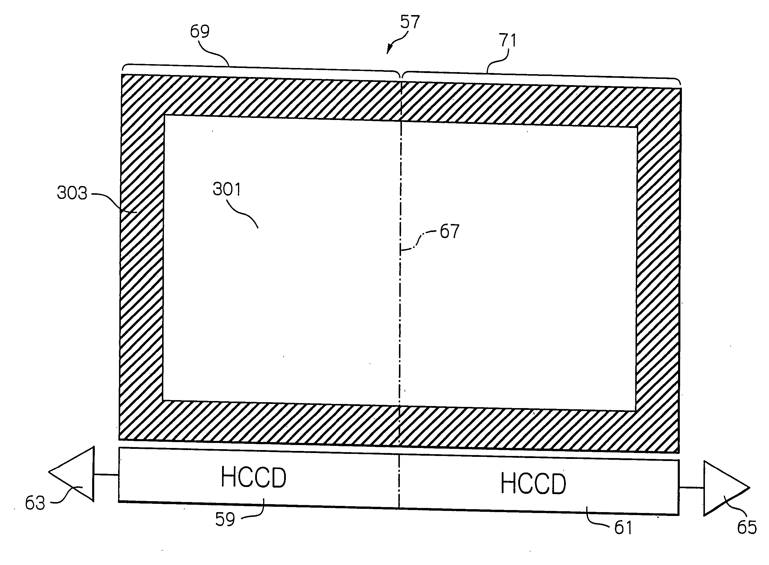 Digital camera for producing a frame of image formed by two areas with its seam compensated for