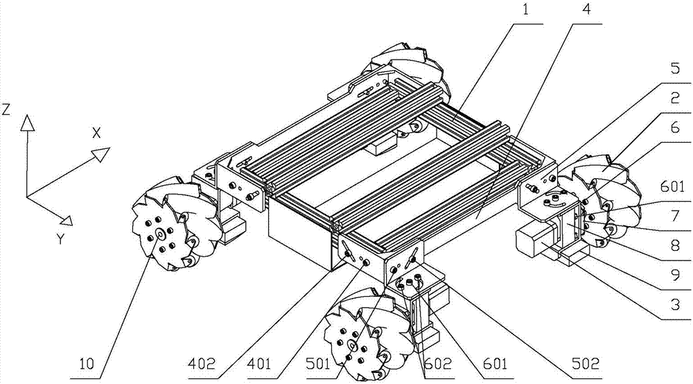 Suspension fork mechanism with three adjustable axial-direction angles for robot