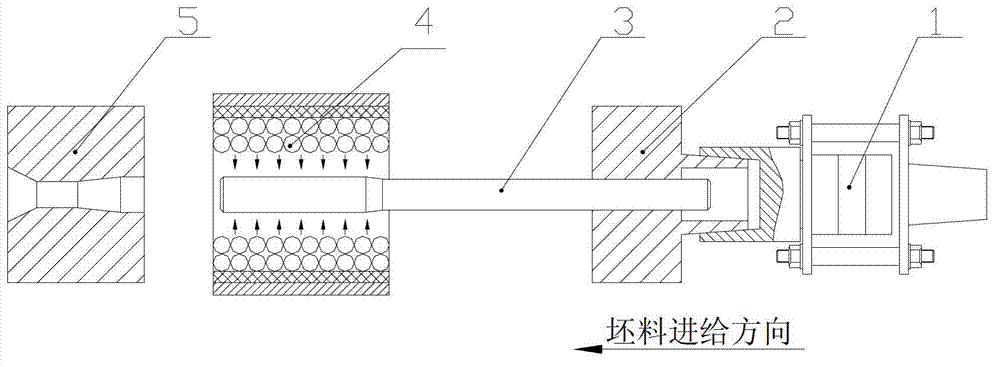 Device for compositely extruding spline shaft by means of medium-high frequency induction heating and vibrating and technology therefor