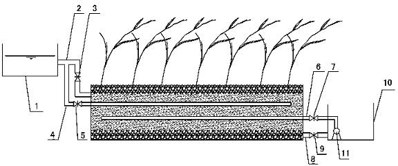 Cyclic enhanced denitrification double-inlet type constructed wetland device