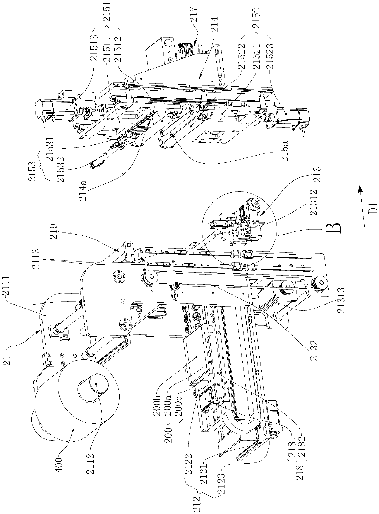 Battery enveloping device and enveloping equipment