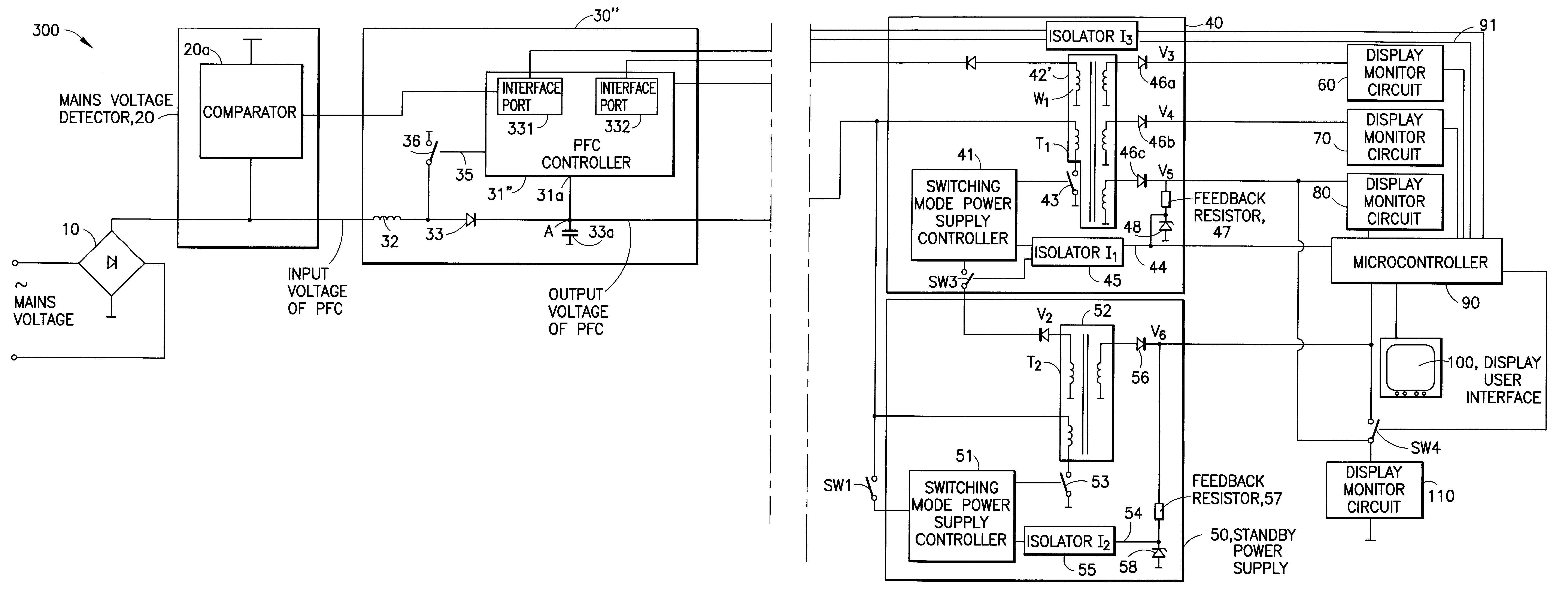 Display monitor power supply circuit featuring secondary side microcontroller for controlling a primary side power factor correction circuit