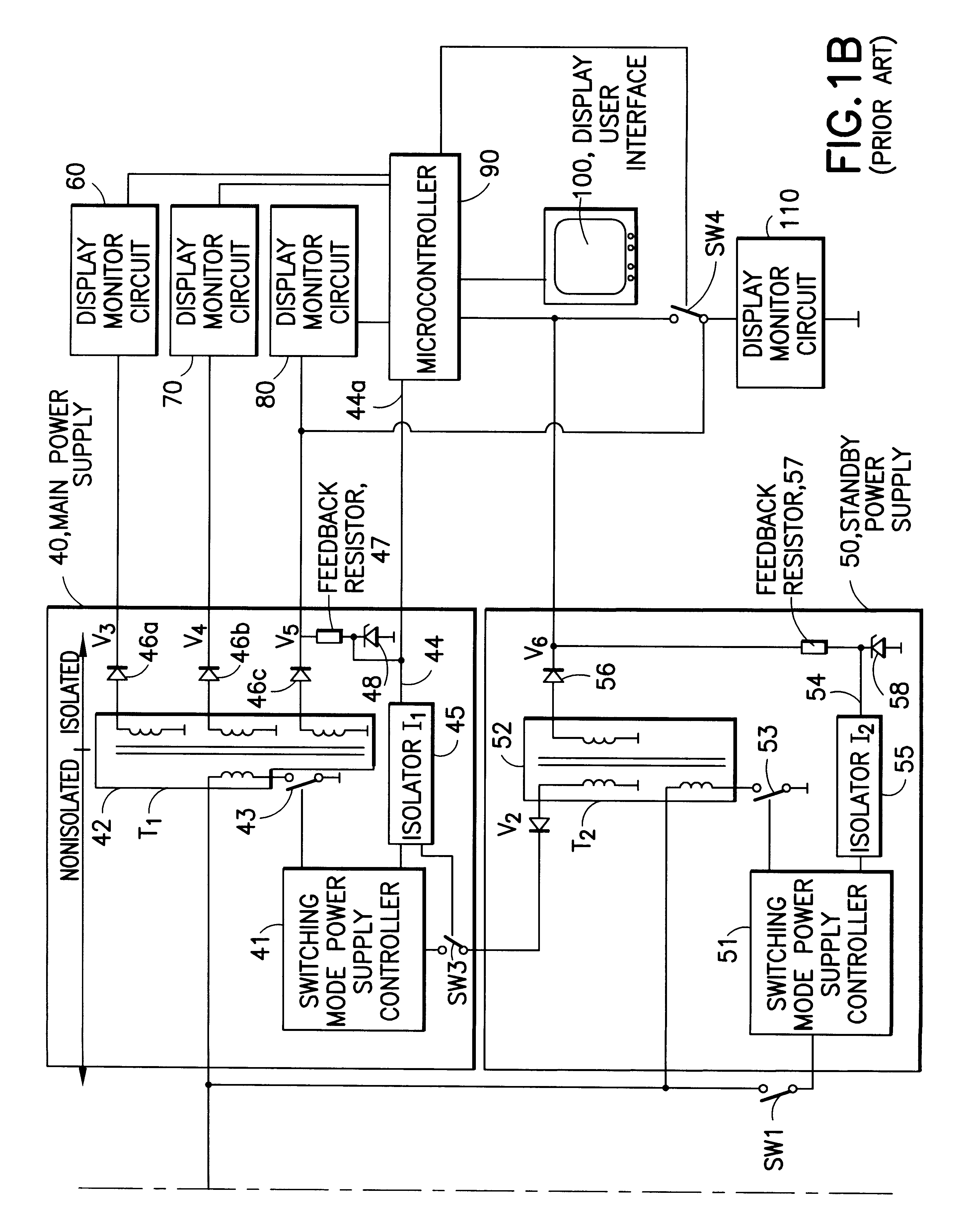 Display monitor power supply circuit featuring secondary side microcontroller for controlling a primary side power factor correction circuit