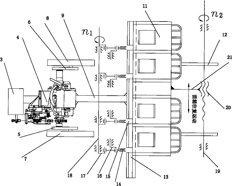 Handhold wide-narrow row rice transplanting machine with seedling box partition plates of unequal spaces