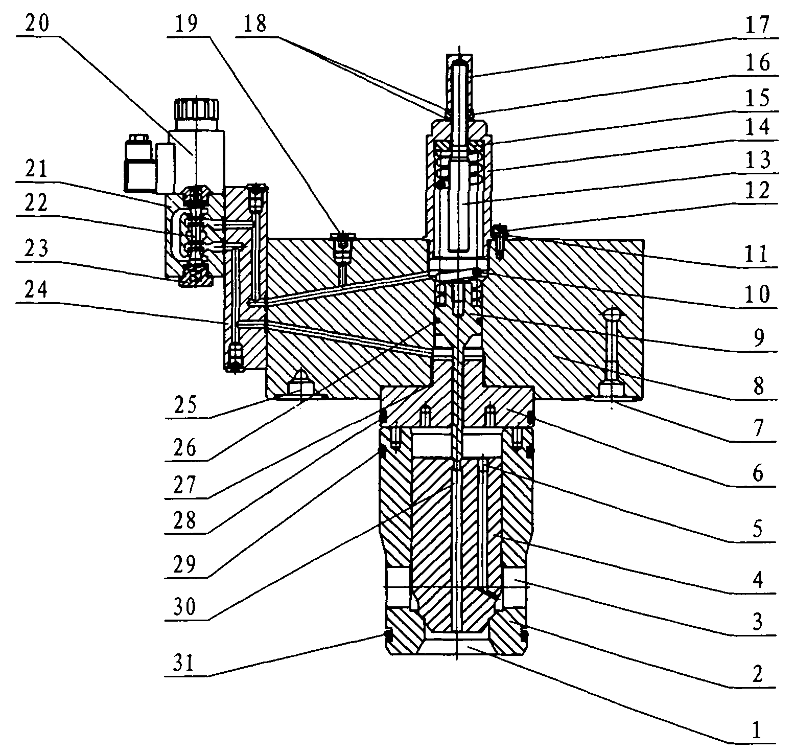 Low-pressure pilot control high-flow superhigh-pressure hydraulic cartridge valve system