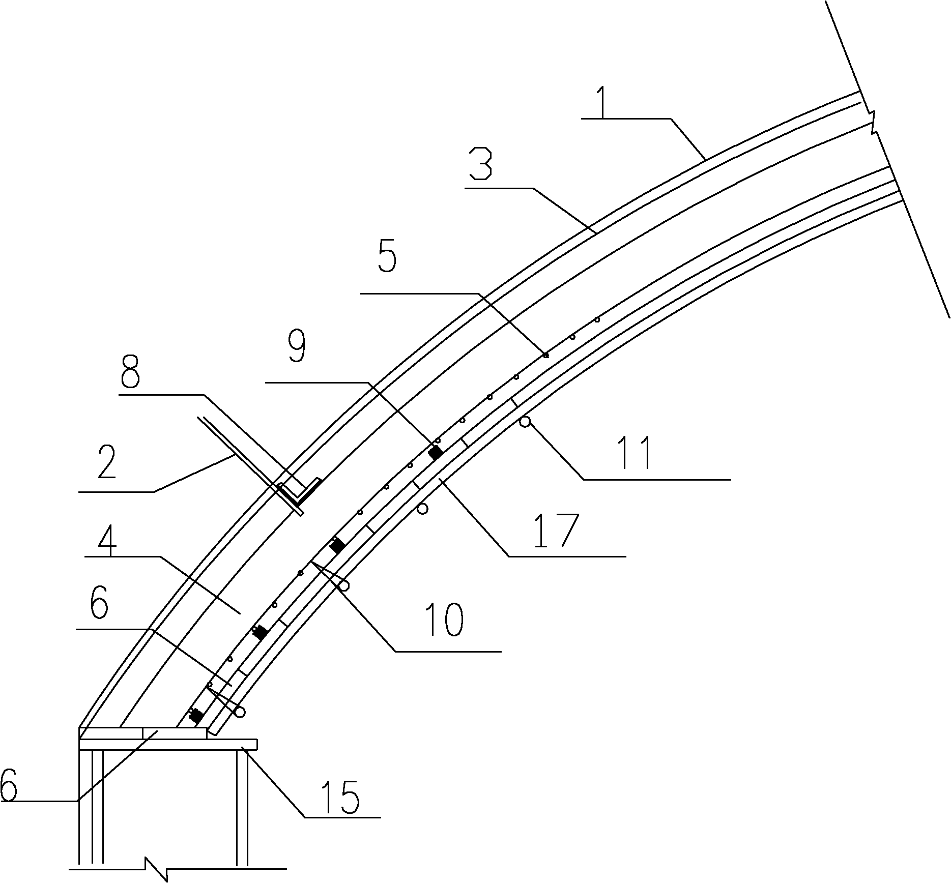 Cavern arch mould spraying concrete construction structure and process