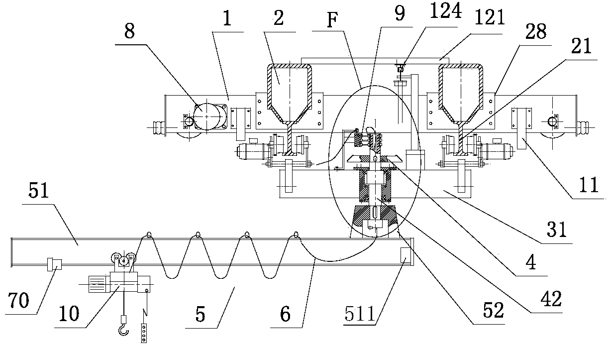 Crane with underslung trolley and position-adjustable bumper posts and capable of rotating at any angle