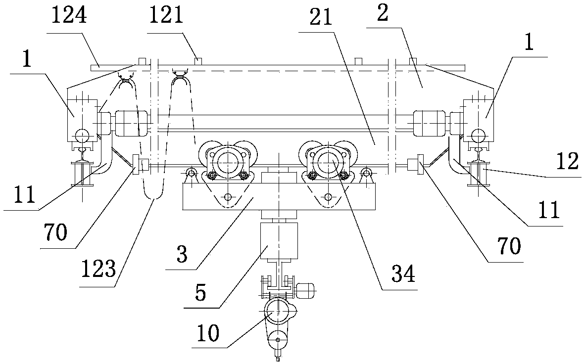 Crane with underslung trolley and position-adjustable bumper posts and capable of rotating at any angle