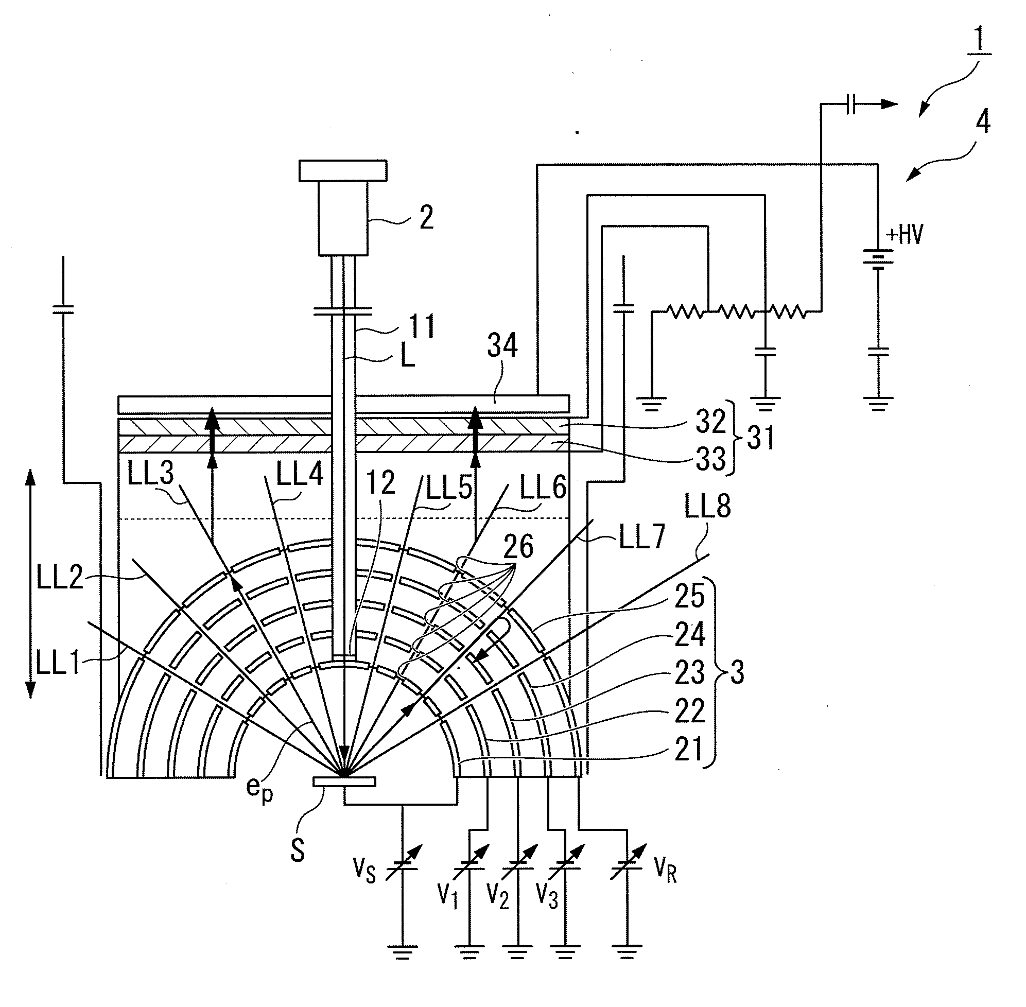 Electrode member, electron energy analyzer, photoelectron energy analyzer, and temperature measuring apparatus