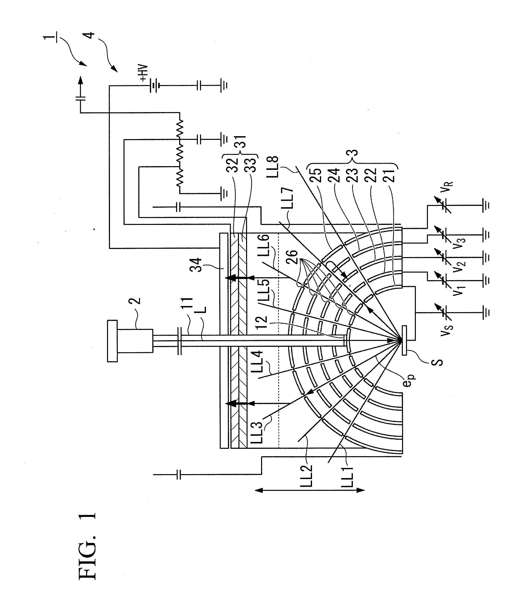 Electrode member, electron energy analyzer, photoelectron energy analyzer, and temperature measuring apparatus