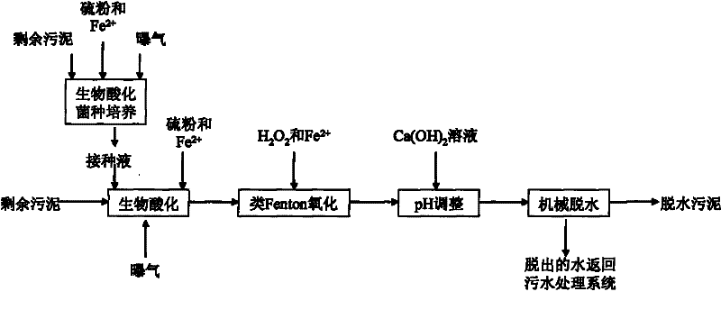 A method for combining biological acidification and fenton-like oxidation to improve the dewatering performance of excess sludge