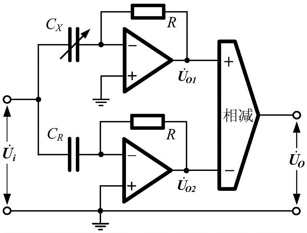 Capacitance sensor complementary excitation and linear detection circuit for oil detection