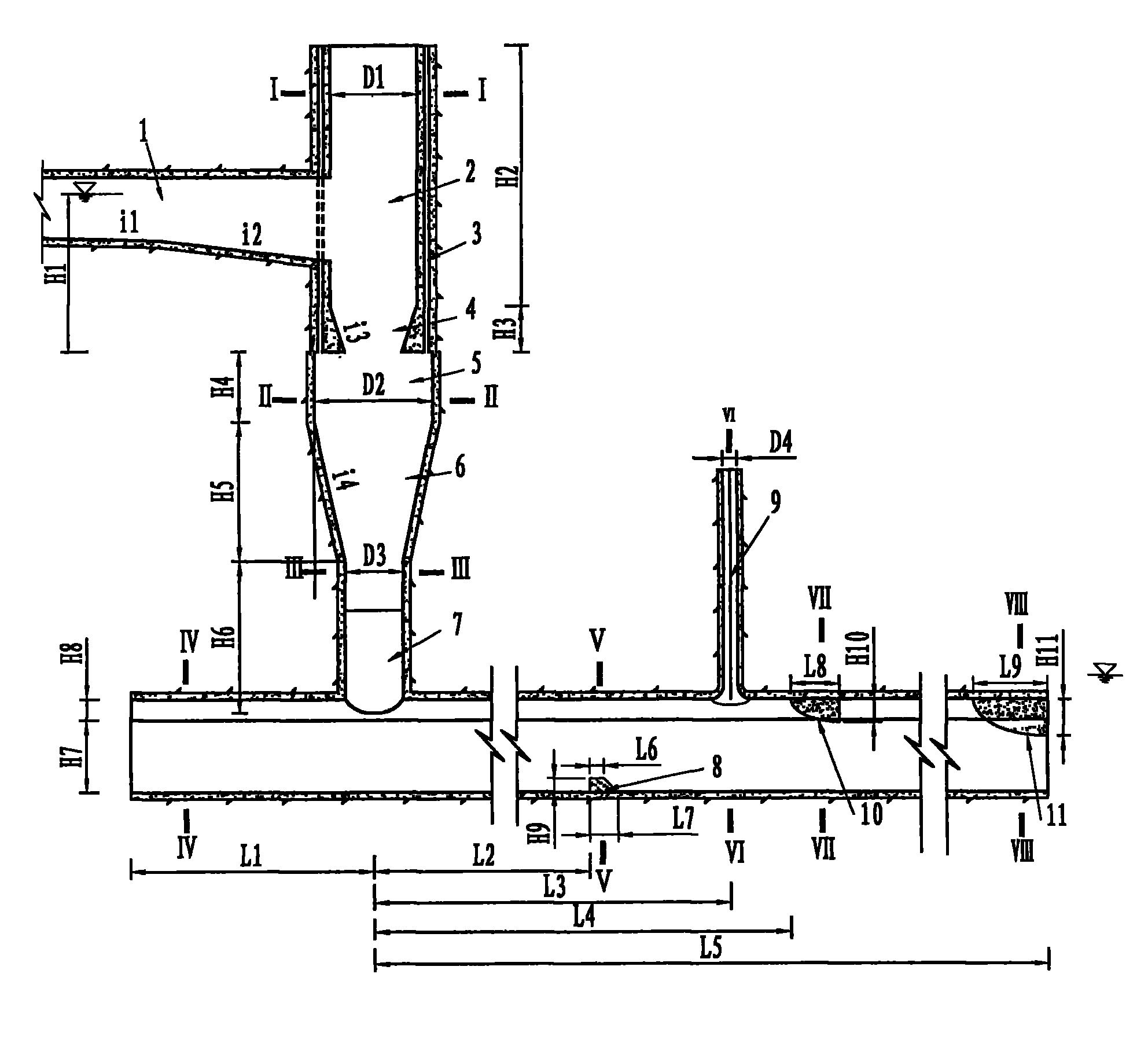 Submerged cyclone shaft sluice tunnel