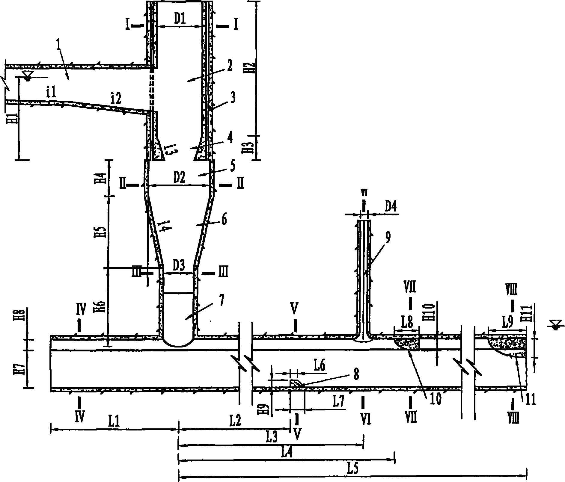 Submerged cyclone shaft sluice tunnel