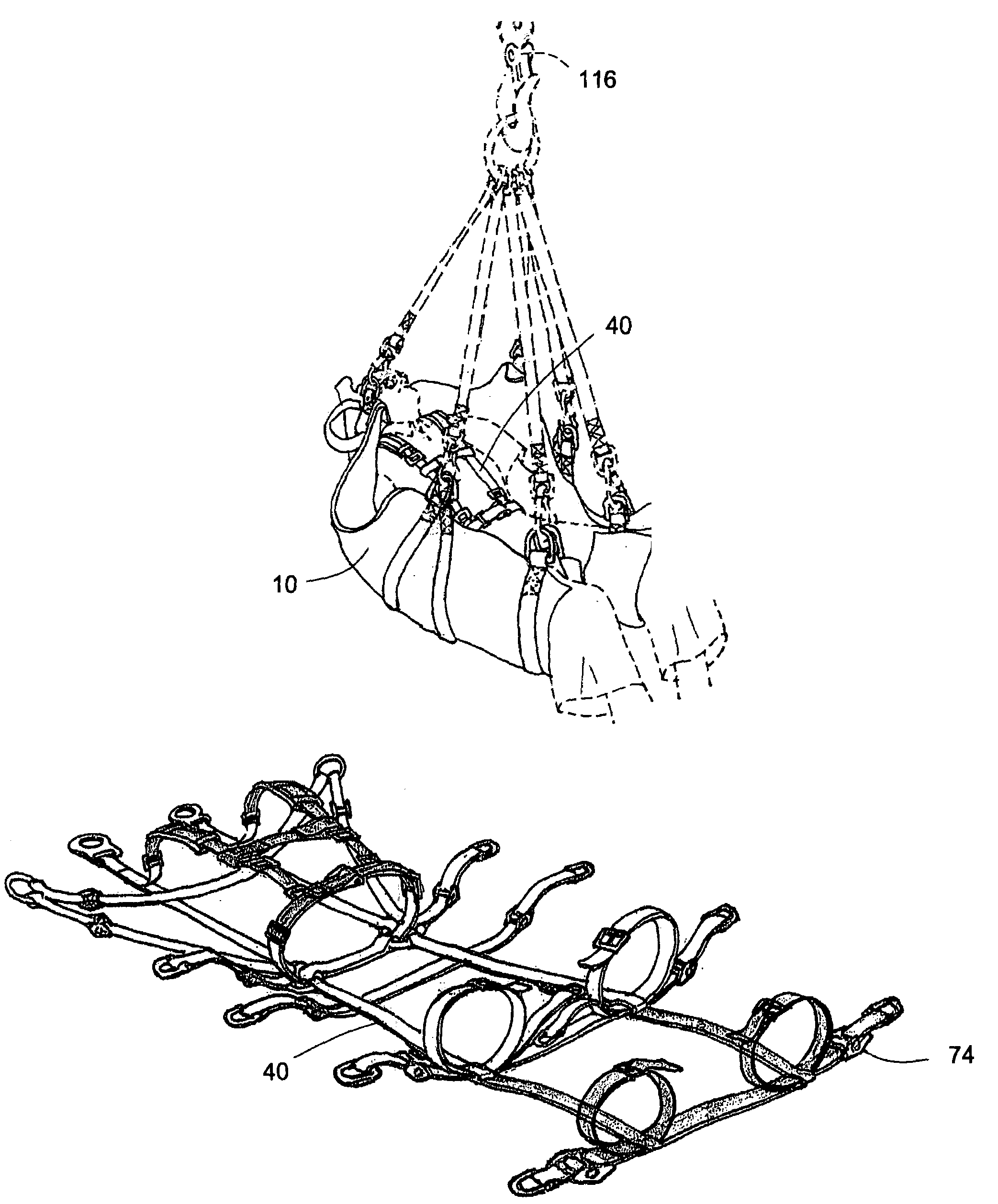 Paramedical transfer stretcher, harness and method