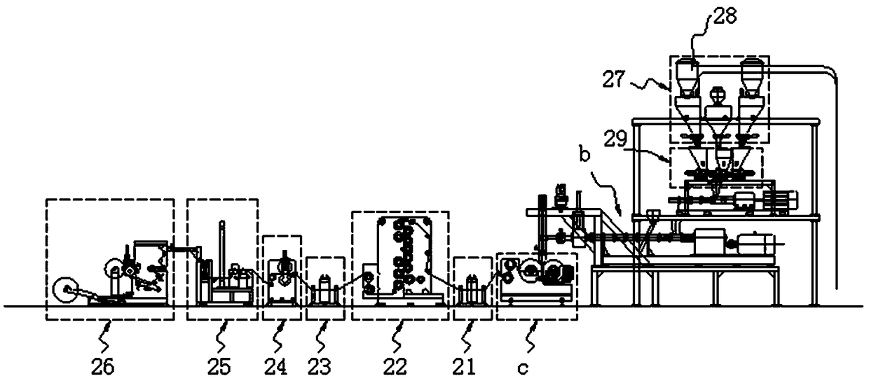 One-time-molding synthetic film production line and connection structure thereof