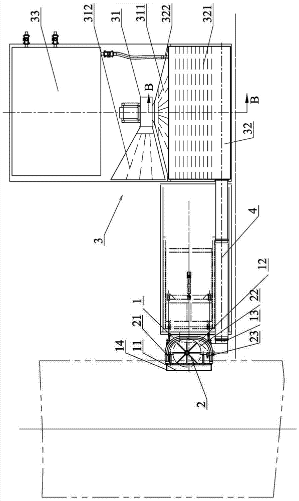 Dirt sucking device of on-rail cleaning machine for outer cover of track transportation vehicle