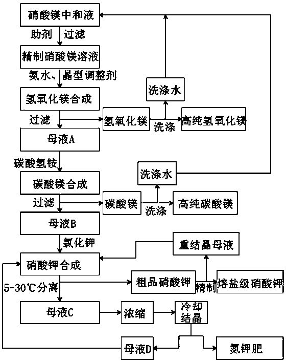 Molten salt production method for co-producing high-purity magnesium hydroxide, magnesium carbonate and nitrogen-potassium fertilizer