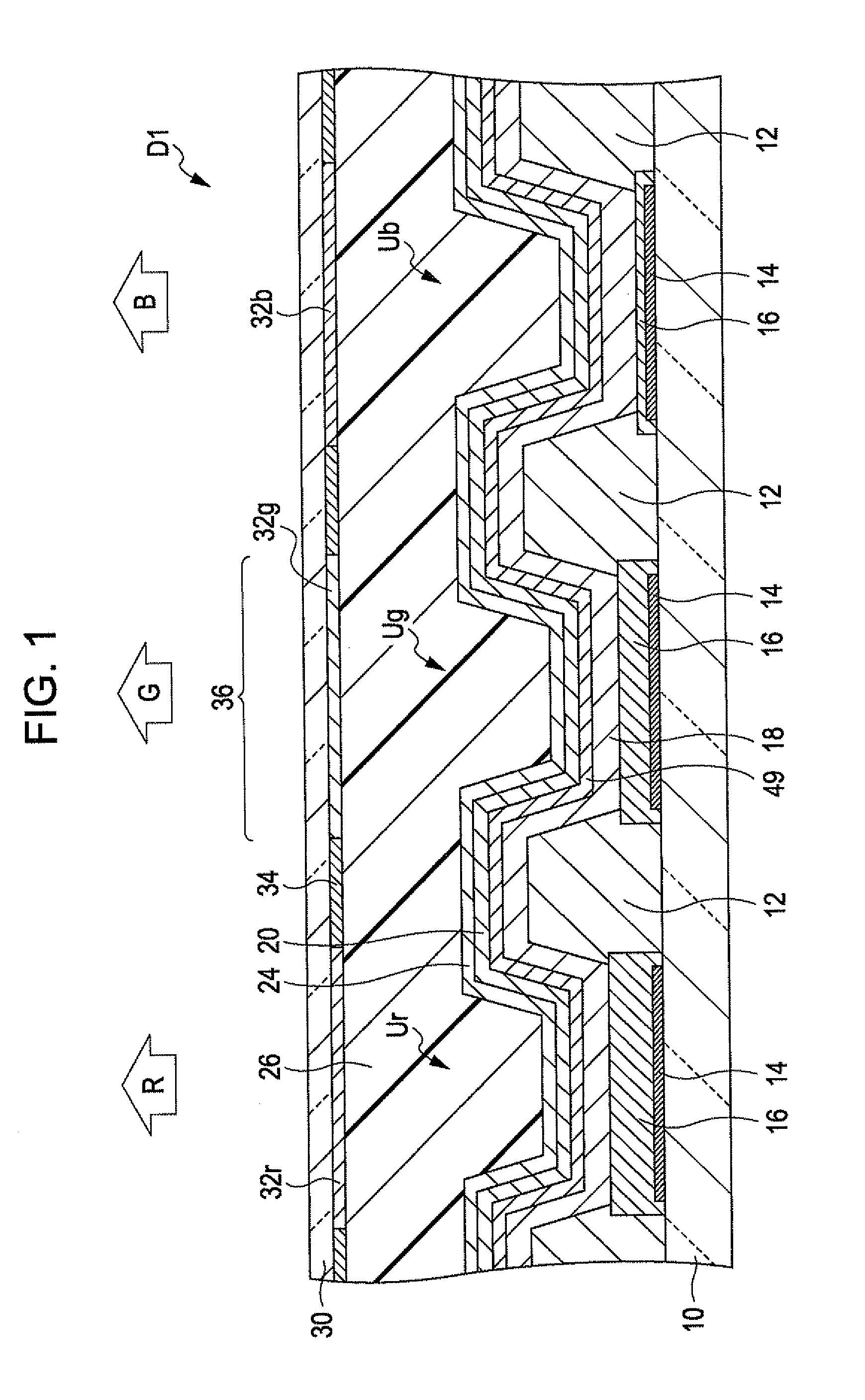 Light-emitting device, electronic equipment, and process of producing light-emitting device