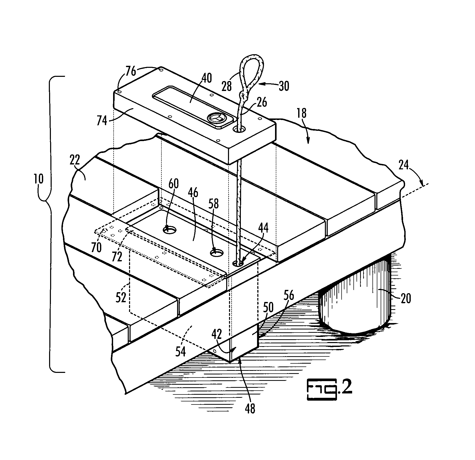 Low profile tethering device for securing a boat