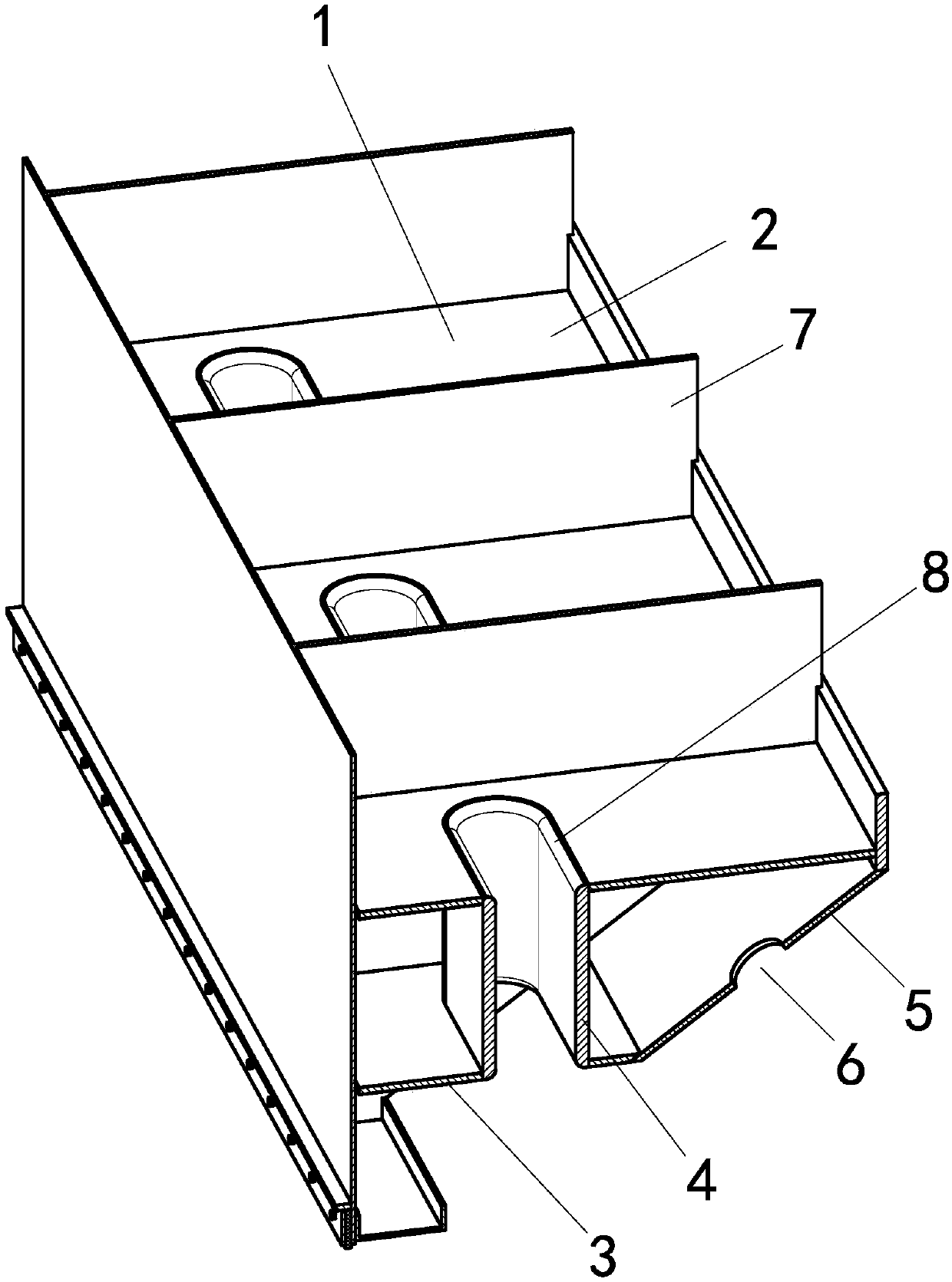 Box type main beam structure capable of reducing uplift pressure of plane emergency gate of water stopping of downstream positions