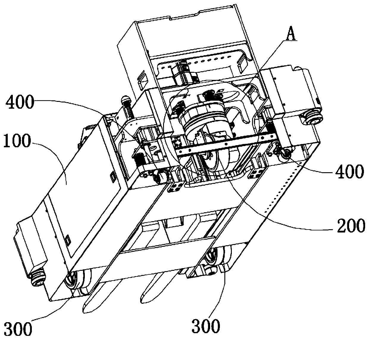 Chassis based on combination of steering wheel and active universal wheels in omnidirectional forklift AGV (automatic guided vehicle)